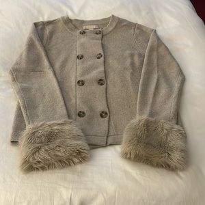 Banana Republic beige cardigan sweater with faux fur cuffs